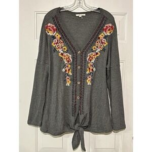 Andree By Unit Embroidered Top Modern Tie Front Womens L Gray Waffle Knit Tunic